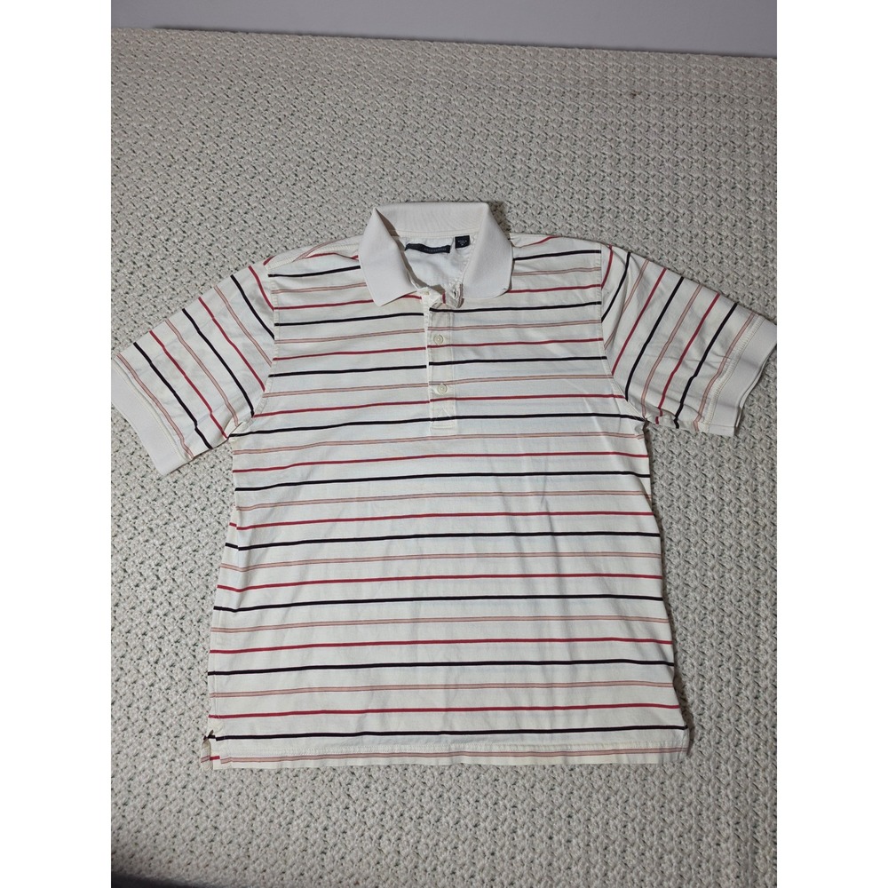 Greg Norman Polo Shirt Mens Medium Cream Striped Excellent Cotton Short Sleeve